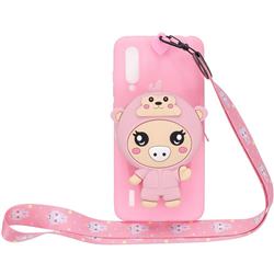 Pink Pig Neck Lanyard Zipper Wallet Silicone Case for Xiaomi Mi CC9 (Mi CC9mt Meitu Edition)