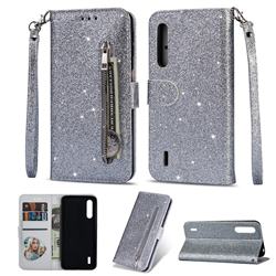 Glitter Shine Leather Zipper Wallet Phone Case for Xiaomi Mi CC9 (Mi CC9mt Meitu Edition) - Silver