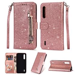 Glitter Shine Leather Zipper Wallet Phone Case for Xiaomi Mi CC9 (Mi CC9mt Meitu Edition) - Pink