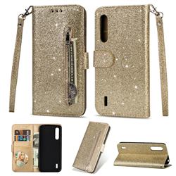 Glitter Shine Leather Zipper Wallet Phone Case for Xiaomi Mi CC9 (Mi CC9mt Meitu Edition) - Gold