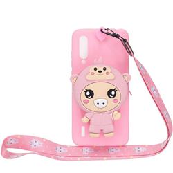 Pink Pig Neck Lanyard Zipper Wallet Silicone Case for Xiaomi Mi CC9e