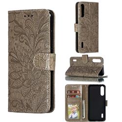 Intricate Embossing Lace Jasmine Flower Leather Wallet Case for Xiaomi Mi CC9e - Gray