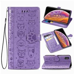 Embossing Dog Paw Kitten and Puppy Leather Wallet Case for Xiaomi Mi CC9e - Purple