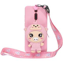 Pink Pig Neck Lanyard Zipper Wallet Silicone Case for Xiaomi Redmi K20 / K20 Pro