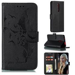 Intricate Embossing Lychee Feather Bird Leather Wallet Case for Xiaomi Redmi K20 / K20 Pro - Black