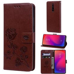 Embossing Rose Flower Leather Wallet Case for Xiaomi Redmi K20 / K20 Pro - Brown