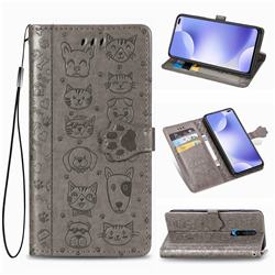 Embossing Dog Paw Kitten and Puppy Leather Wallet Case for Xiaomi Redmi K30 - Gray