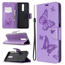 Embossing Double Butterfly Leather Wallet Case for Xiaomi Redmi K30 - Purple