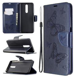 Embossing Double Butterfly Leather Wallet Case for Xiaomi Redmi K30 - Dark Blue