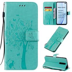 Embossing Butterfly Tree Leather Wallet Case for Xiaomi Redmi K30 - Cyan