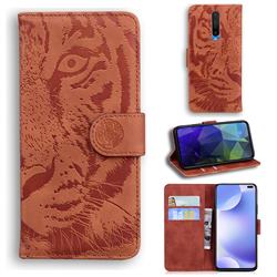 Intricate Embossing Tiger Face Leather Wallet Case for Xiaomi Redmi K30 - Brown