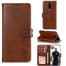 Embossing Happy Cat Leather Wallet Case for Xiaomi Redmi K30 - Brown