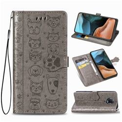Embossing Dog Paw Kitten and Puppy Leather Wallet Case for Xiaomi Redmi K30 Pro - Gray