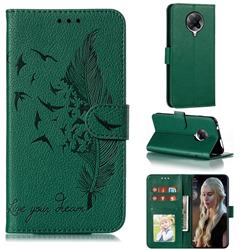 Intricate Embossing Lychee Feather Bird Leather Wallet Case for Xiaomi Redmi K30 Pro - Green