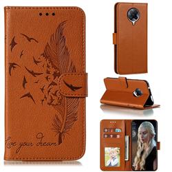 Intricate Embossing Lychee Feather Bird Leather Wallet Case for Xiaomi Redmi K30 Pro - Brown