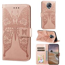 Intricate Embossing Rose Flower Butterfly Leather Wallet Case for Xiaomi Redmi K30 Pro - Rose Gold