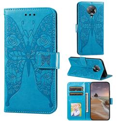 Intricate Embossing Rose Flower Butterfly Leather Wallet Case for Xiaomi Redmi K30 Pro - Blue