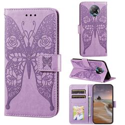 Intricate Embossing Rose Flower Butterfly Leather Wallet Case for Xiaomi Redmi K30 Pro - Purple