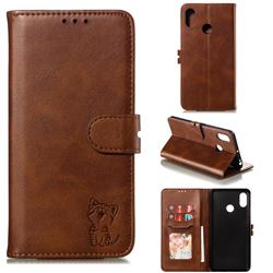 Embossing Happy Cat Leather Wallet Case for Xiaomi Mi Max 3 - Brown