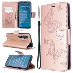Embossing Double Butterfly Leather Wallet Case for Xiaomi Mi Note 10 / Note 10 Pro / CC9 Pro - Rose Gold