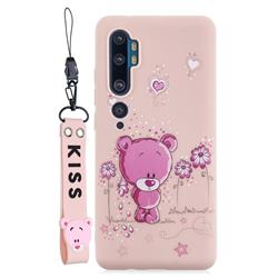 Pink Flower Bear Soft Kiss Candy Hand Strap Silicone Case for Xiaomi Mi Note 10 Lite