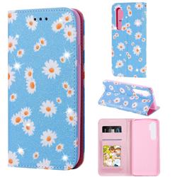 Ultra Slim Daisy Sparkle Glitter Powder Magnetic Leather Wallet Case for Xiaomi Mi Note 10 Lite - Blue