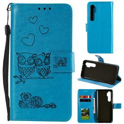 Embossing Owl Couple Flower Leather Wallet Case for Xiaomi Mi Note 10 Lite - Blue