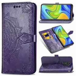 Embossing Imprint Mandala Flower Leather Wallet Case for Xiaomi Redmi Note 9 - Purple