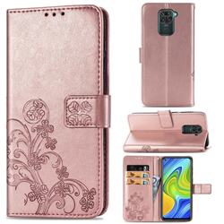 Embossing Imprint Four-Leaf Clover Leather Wallet Case for Xiaomi Redmi Note 9 - Rose Gold