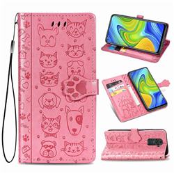 Embossing Dog Paw Kitten and Puppy Leather Wallet Case for Xiaomi Redmi Note 9 - Pink