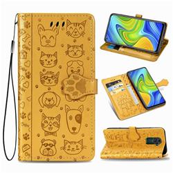 Embossing Dog Paw Kitten and Puppy Leather Wallet Case for Xiaomi Redmi Note 9 - Yellow