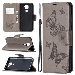 Embossing Double Butterfly Leather Wallet Case for Xiaomi Redmi Note 9 - Gray