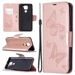 Embossing Double Butterfly Leather Wallet Case for Xiaomi Redmi Note 9 - Rose Gold
