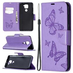 Embossing Double Butterfly Leather Wallet Case for Xiaomi Redmi Note 9 - Purple
