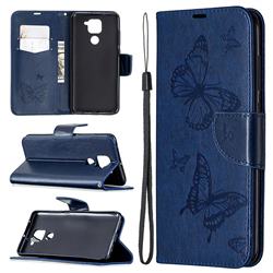 Embossing Double Butterfly Leather Wallet Case for Xiaomi Redmi Note 9 - Dark Blue