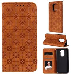Intricate Embossing Four Leaf Clover Leather Wallet Case for Xiaomi Redmi Note 9 - Yellowish Brown