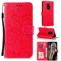 Intricate Embossing Lace Jasmine Flower Leather Wallet Case for Xiaomi Redmi Note 9 - Red