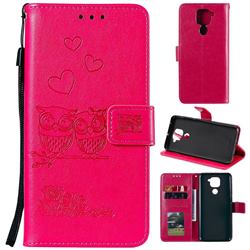 Embossing Owl Couple Flower Leather Wallet Case for Xiaomi Redmi Note 9 - Red