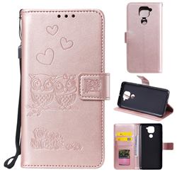 Embossing Owl Couple Flower Leather Wallet Case for Xiaomi Redmi Note 9 - Rose Gold