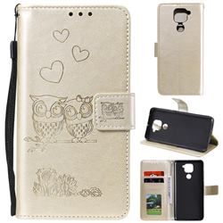 Embossing Owl Couple Flower Leather Wallet Case for Xiaomi Redmi Note 9 - Golden