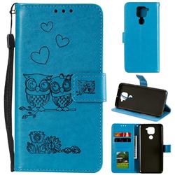 Embossing Owl Couple Flower Leather Wallet Case for Xiaomi Redmi Note 9 - Blue