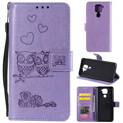 Embossing Owl Couple Flower Leather Wallet Case for Xiaomi Redmi Note 9 - Purple