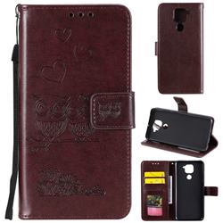 Embossing Owl Couple Flower Leather Wallet Case for Xiaomi Redmi Note 9 - Brown