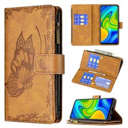 Binfen Color Imprint Vivid Butterfly Buckle Zipper Multi-function Leather Phone Wallet for Xiaomi Redmi Note 9 - Brown