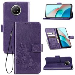 Embossing Imprint Four-Leaf Clover Leather Wallet Case for Xiaomi Redmi Note 9 5G - Purple