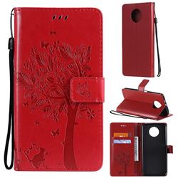 Embossing Butterfly Tree Leather Wallet Case for Xiaomi Redmi Note 9 5G - Red