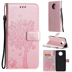 Embossing Butterfly Tree Leather Wallet Case for Xiaomi Redmi Note 9 5G - Rose Pink