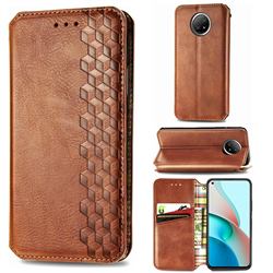 Ultra Slim Fashion Business Card Magnetic Automatic Suction Leather Flip Cover for Xiaomi Redmi Note 9 5G - Brown