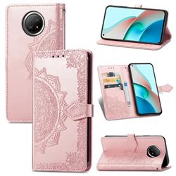 Embossing Imprint Mandala Flower Leather Wallet Case for Xiaomi Redmi Note 9 5G - Rose Gold