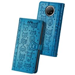Embossing Dog Paw Kitten and Puppy Leather Wallet Case for Xiaomi Redmi Note 9 5G - Blue